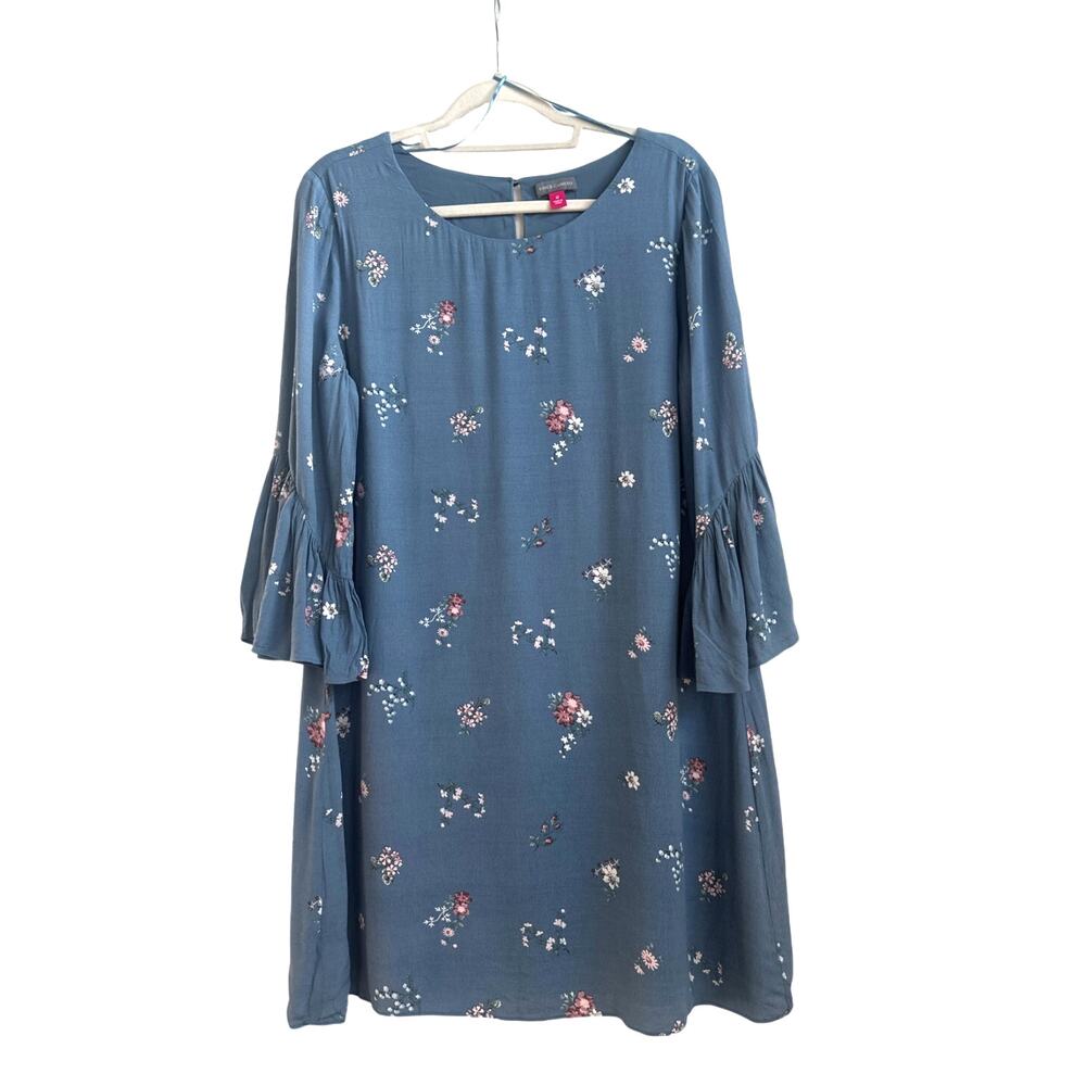 Vince Camuto Blue with Pink, Green, White Floral Print Statement Sleeves Blouse
